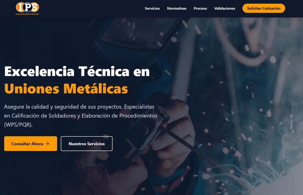 Vista previa de una landing page con hero, secciones de servicios y contacto.